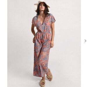 Molly Bracken Paisley Print Jumpsuit in Pink and Blue Size Medium